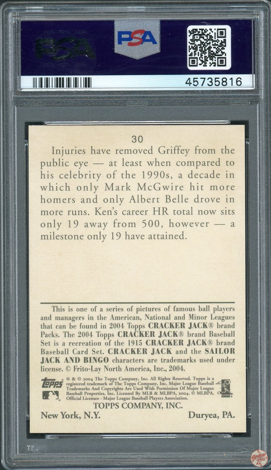 2004 Topps Cracker Jack Ken Griffey Jr 30 PSA 10 POP 22 816 Aaron