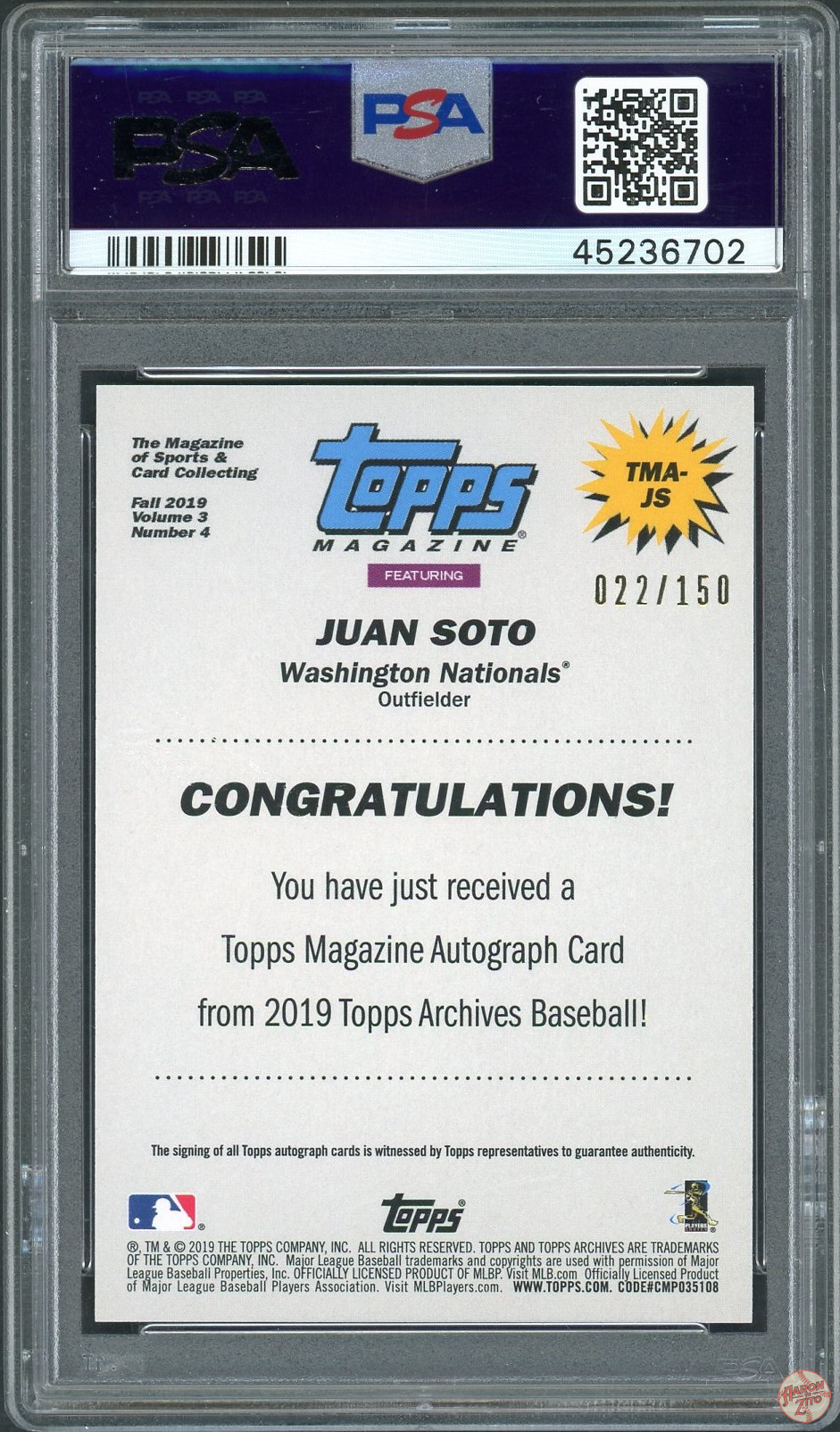 2019 Topps Archives Topps Magazine AUTO Juan Soto JS PSA 10 POP 5 702