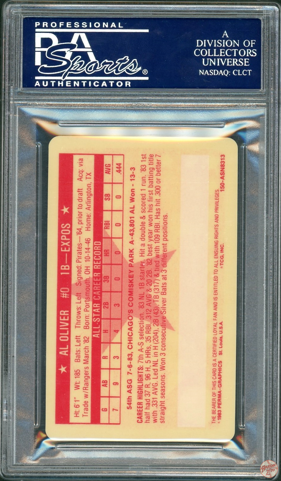 1983 Perma-Graphics All-Star Credit Cards Al Oliver #NA PSA 10 POP 1 (213)  – Aaron to Zito