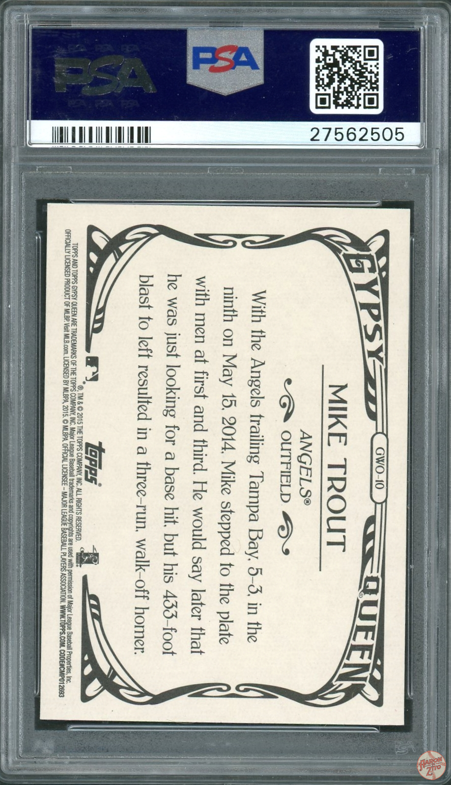 2015 Topps Gypsy Queen Mike Trout Walk-Off Winners #GWO10 PSA 10 POP 20 ...