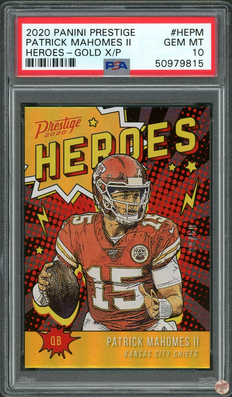 2020 Panini Prestige “Gold” Patrick Mahomes (3/50) #HEPM PSA 10 POP 3 (815)  – Aaron to Zito