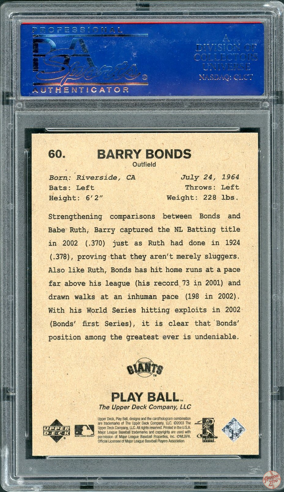 2003 U.D. Play Ball Barry Bonds #60 PSA 10 POP 9 (710) – Aaron to Zito