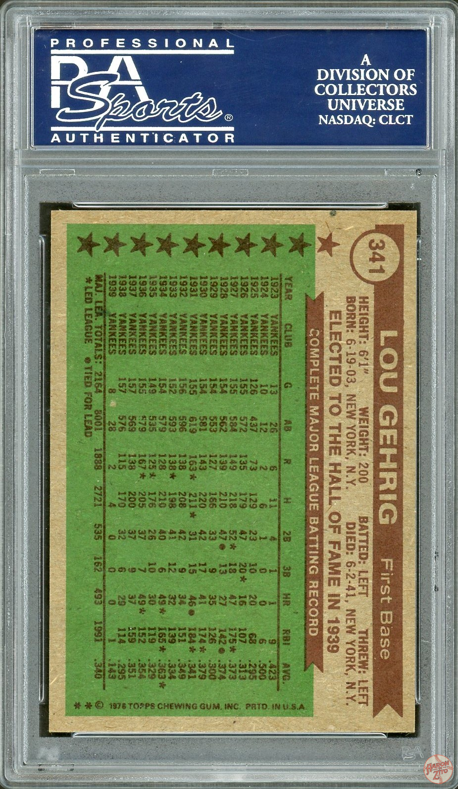 1976 Topps All Time All-Star Lou Gehrig #341 PSA 10 POP 32 (753 ...
